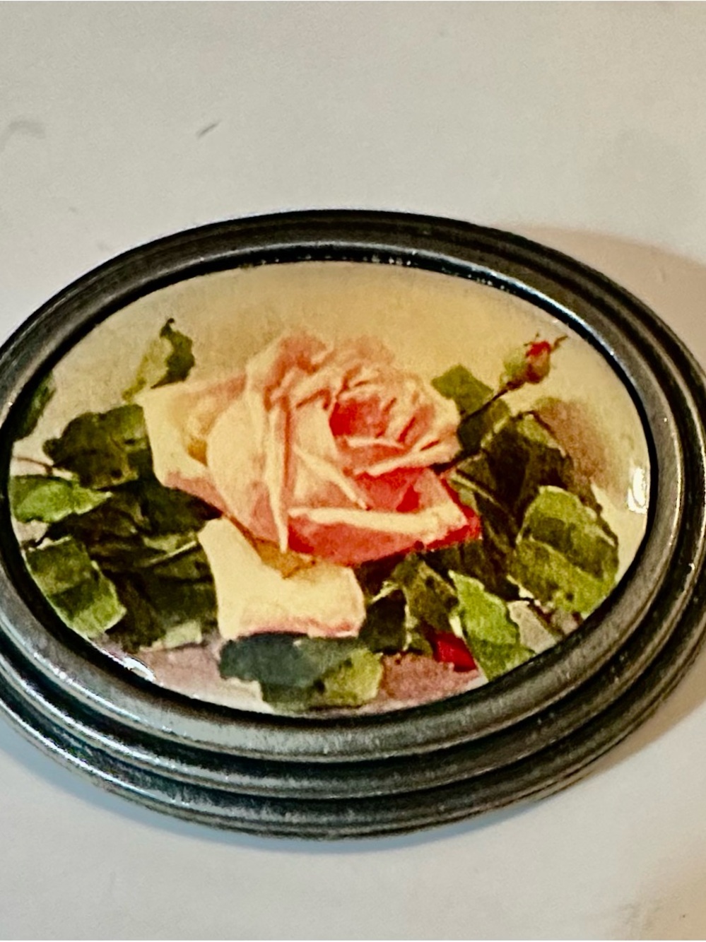 Pink Rose Oval Floral Brooch in Silver-Tone Frame